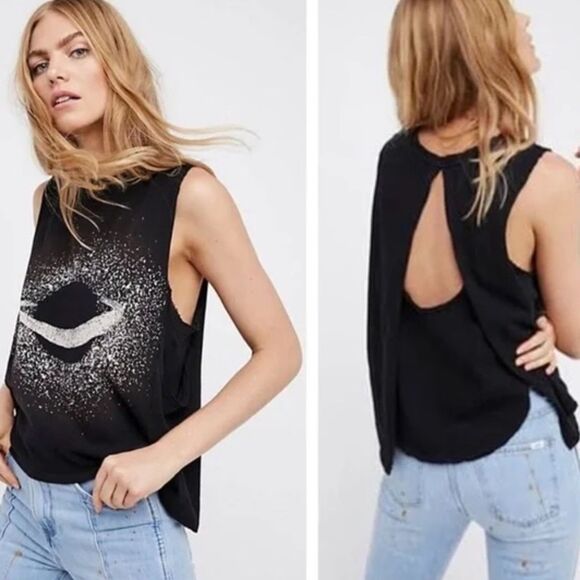 Free People Black Cotton Planet Me Saturn Space Boho Distressed Tank Top, XS - Picture 1 of 9
